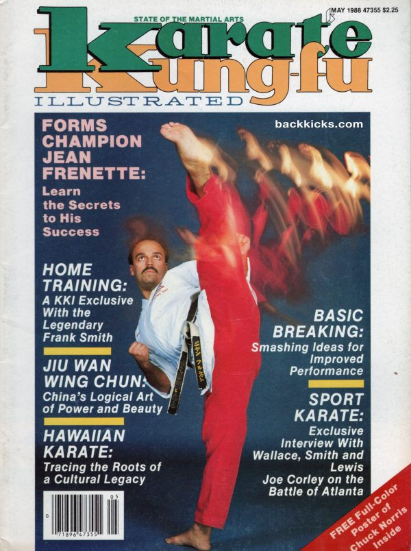 Man in martial arts pose on magazine cover "Karate Kung-fu Illustrated." Red pants, white gi. Text highlights Jean Frenette and martial arts topics.