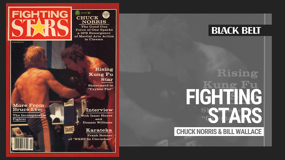 Magazine cover titled "Fighting Stars" features two fighters in a ring, with headlines about Chuck Norris, Bruce Lee, and martial arts interviews.