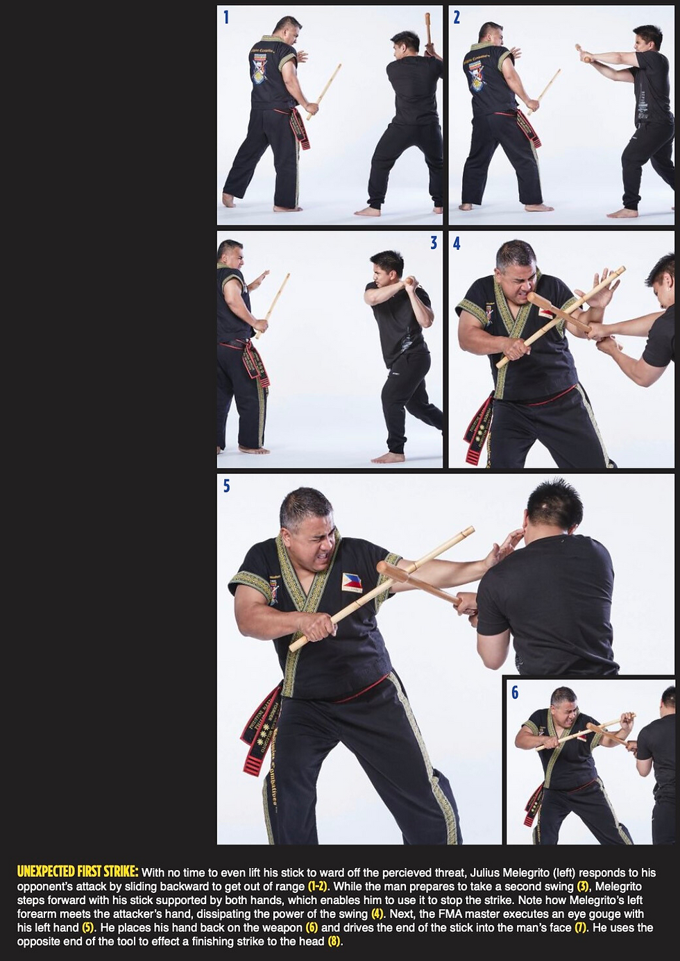Two men practice martial arts with sticks in sequence. One man blocks and counters. They're in a bright studio, wearing black uniforms.