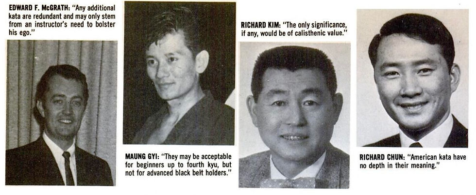 Four men in black-and-white portraits with captions expressing opinions on kata. Backgrounds vary; all wear formal attire.