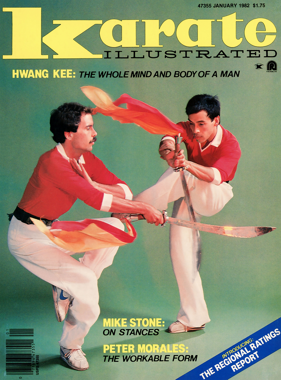 Two men in red shirts practice martial arts with swords on a green background. Cover text: Karate Illustrated, Hwang Kee, Mike Stone, Peter Morales.