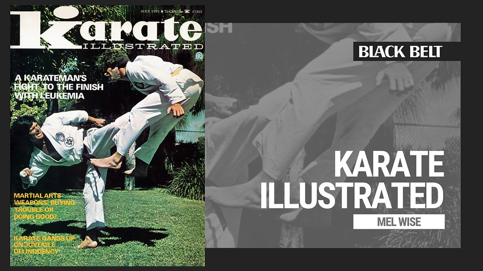 Magazine cover of two martial artists sparring outdoors in white uniforms. Text reads: "A Karateman's Fight to the Finish with Leukemia."