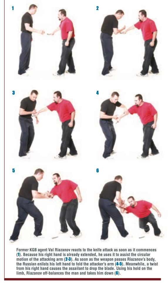 Six-panel self-defense demo: two men on white background, one in red shirt attacks with a knife, the other blocks and disarms him.