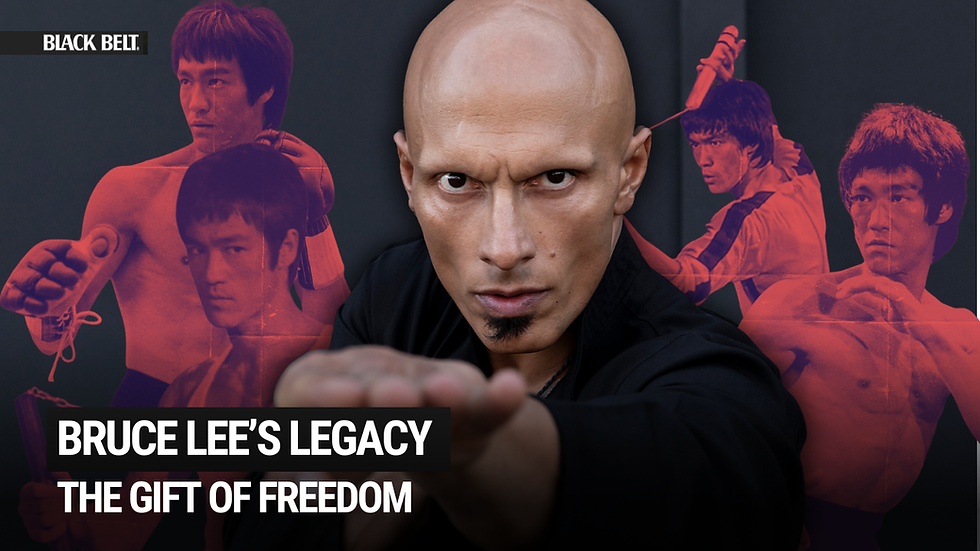 Bald man in a black outfit striking a martial arts pose against a dark background. Text: Bruce Lee's Legacy, The Gift of Freedom. Intense focus.