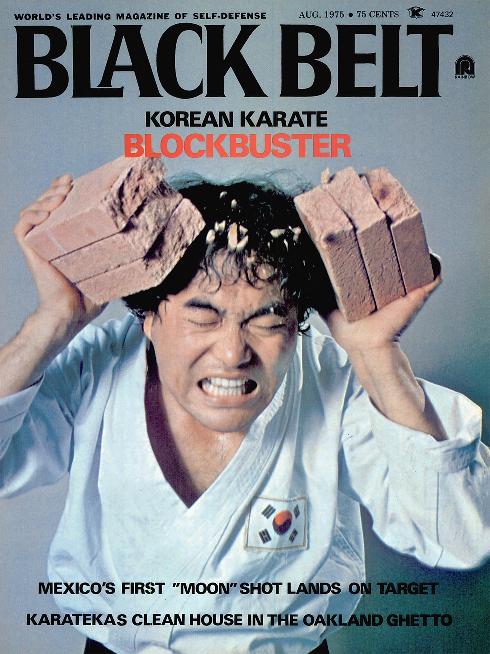 Man in karate gi breaking bricks, shouting with determination. "BLACK BELT" magazine cover. Korean flag patch. Powerful action moment.