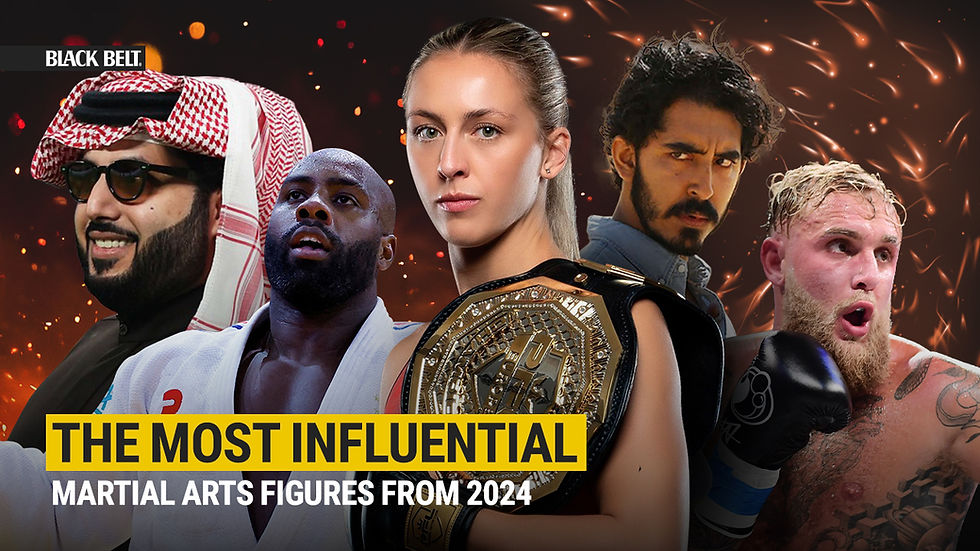 Collage of martial art figures with intense expressions, set against a fiery background. Text: "The Most Influential Martial Art Figures from 2024."