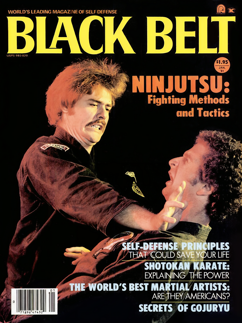 Two men practicing martial arts, one grabbing the other's collar. "BLACK BELT" magazine cover with text on Ninjutsu and self-defense. Mood: Intense.
