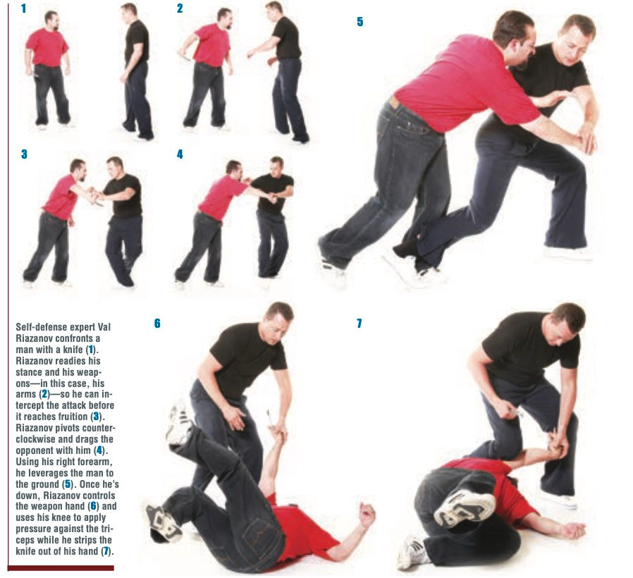 Two men demonstrate self-defense steps on white background; red-shirted man disarms a black-shirted attacker. Numbered text visible.
