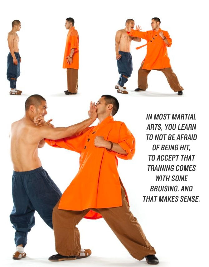 Two martial artists practicing in motion; one in orange outfit, other shirtless, wearing blue. Text: "In most martial arts...that makes sense."