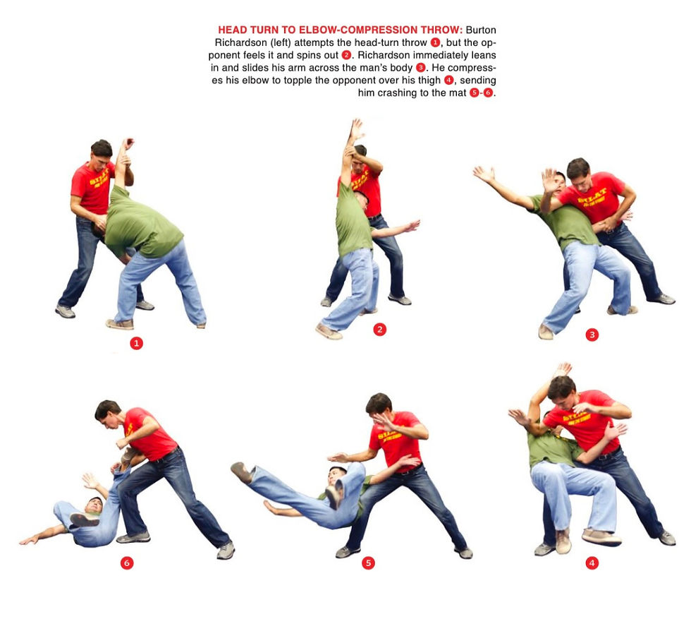 Two people demonstrate a martial arts throw sequence. The person in a red shirt and jeans executes a technique on someone in a green shirt.