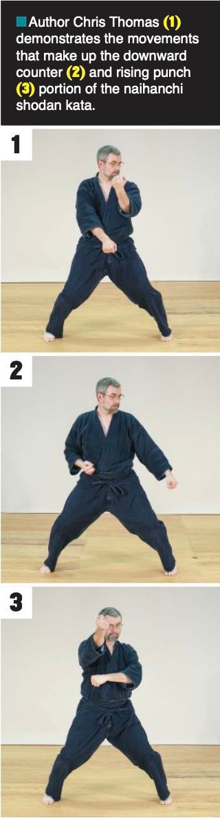 A man in black martial arts attire demonstrates kata moves in three panels, performing downward counter and rising punch in a dojo.