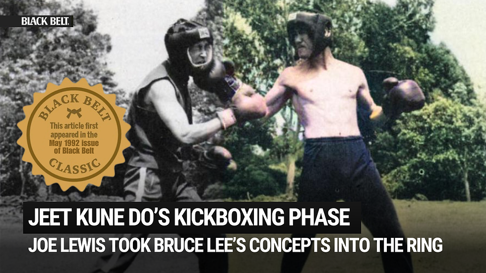 Two men in boxing gear spar outdoors, surrounded by trees. Text: Jeet Kune Do's Kickboxing Phase, Joe Lewis took Bruce Lee’s concepts into the ring.