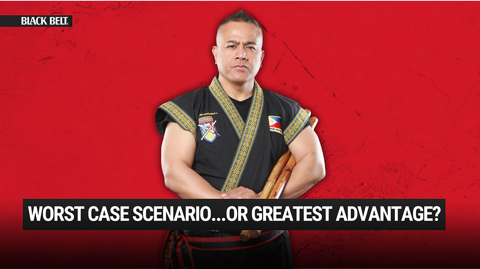 Martial artist holding sticks, wearing a black uniform with flags, stands against a red background. Text: "Worst Case Scenario...or Greatest Advantage?" Mood is focused.