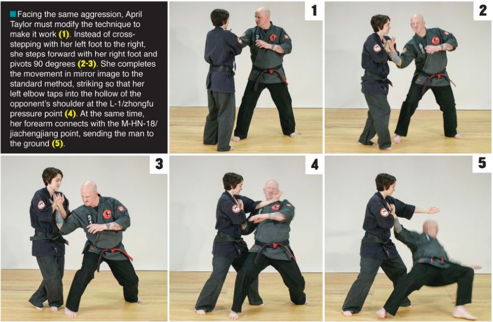 Five images show martial artists in black uniforms demonstrating a self-defense technique on a wooden floor. A woman takes down a man.