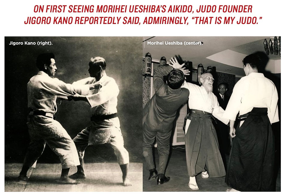 Two vintage photos show martial artists in action. Left: two men in judo poses. Right: three aikido practitioners engaged. Red text above.