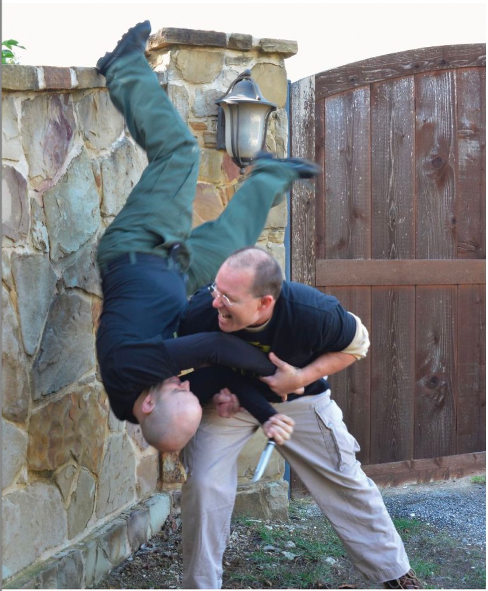 Two men engaged in martial arts practice, one flipping the other against a stone wall. Background: wooden gate, rustic setting. Energetic mood.