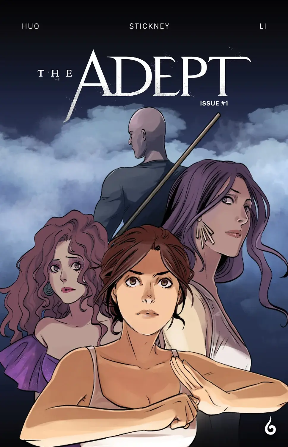 Comic cover showing three women with serious expressions and a bald man with a staff. Cloudy sky background. Text: "The Adept Issue #1".