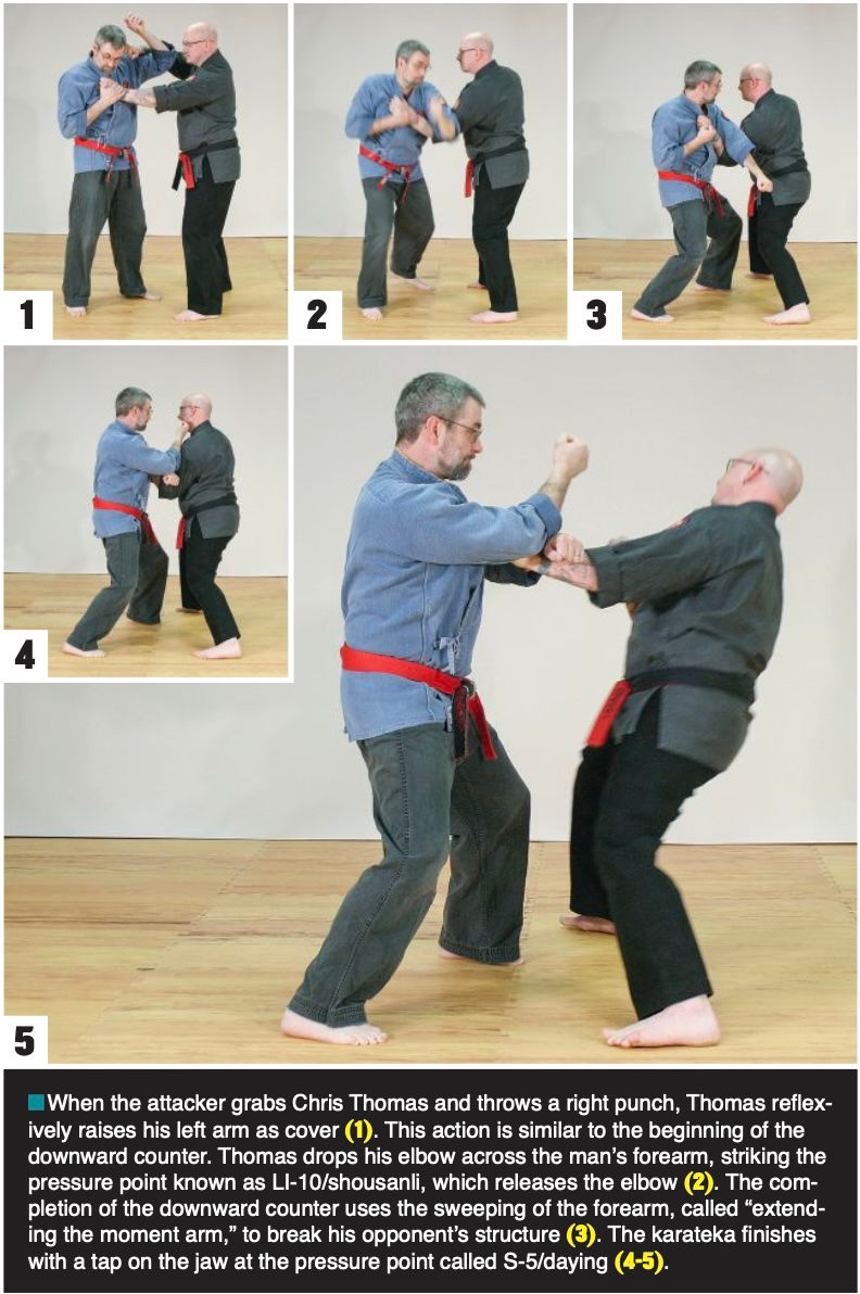 Two martial artists practice techniques in sequence on a wooden floor, photographed from multiple angles. They wear red belts. Text explains moves.