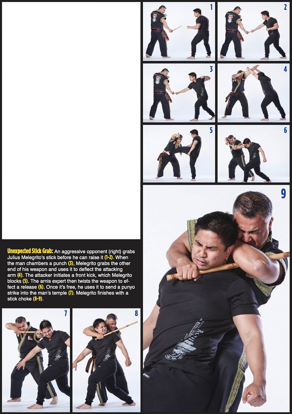 Martial arts sequence showing two men in black outfits practicing stick fighting techniques in a white studio.