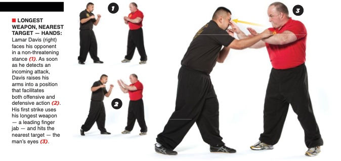 Two men practice martial arts in a sequence. One strikes with a finger jab. Text explains the "Longest Weapon, Nearest Target" technique.