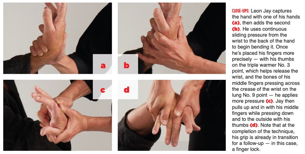 Four images show hands demonstrating a wrist lock technique. Each step is labeled (a, b, c, d). A caption describes the process.