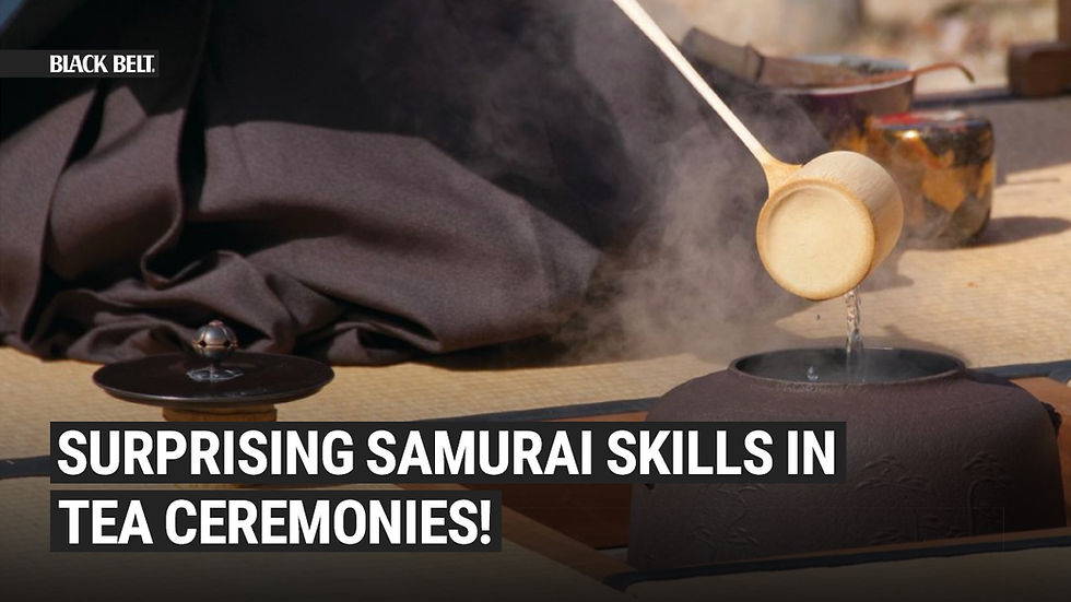 Tea ceremony with ladle pouring into a pot, creating steam. Text overlay: "Surprising Samurai Skills in Tea Ceremonies!" Black robe visible.