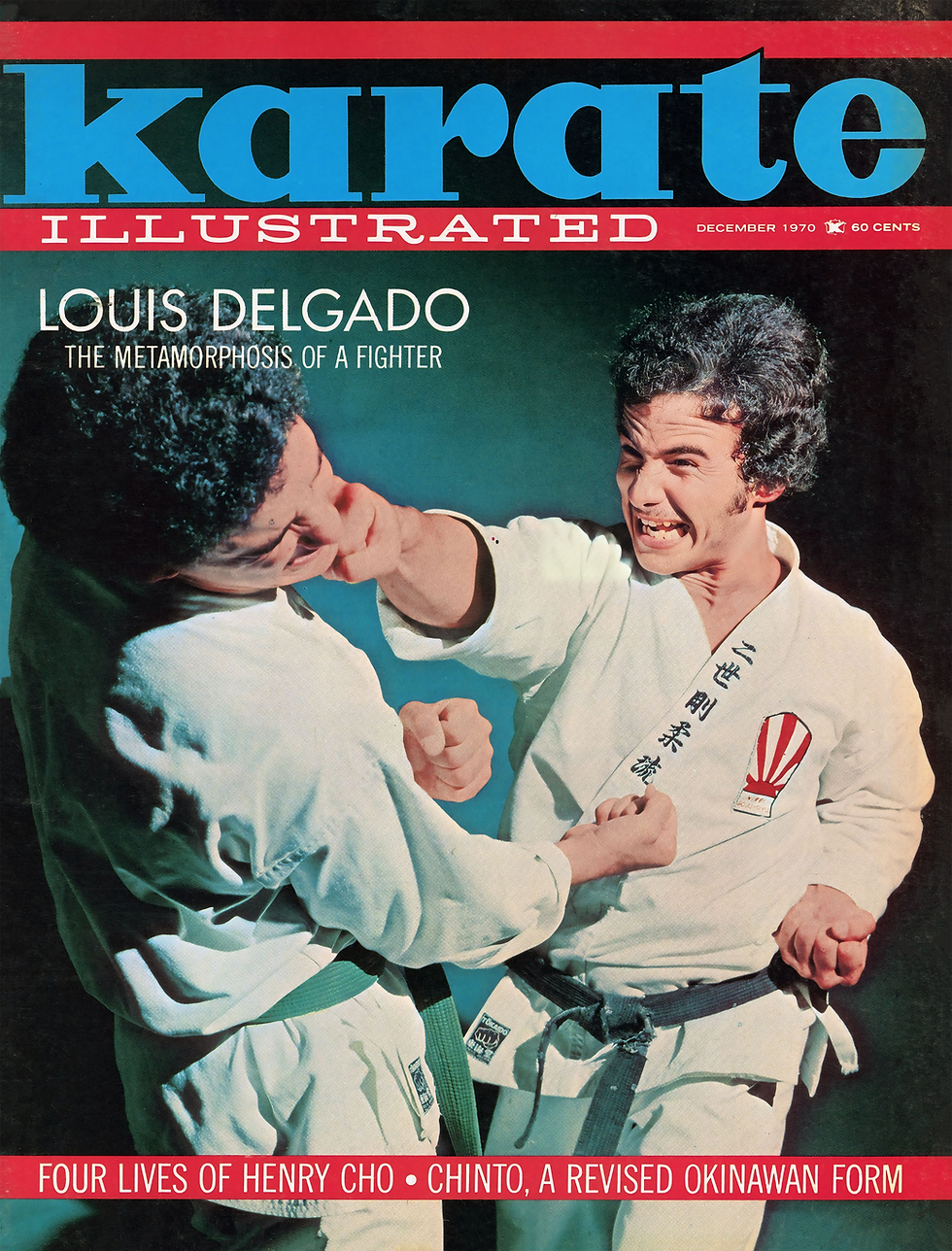 Two martial artists in white gi spar, one delivering a punch. Cover text: "Karate Illustrated," "Louis Delgado," and articles listed.