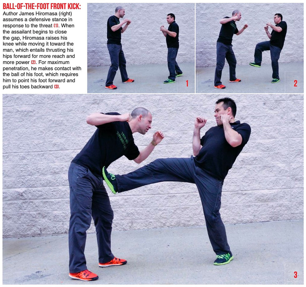 Two men in a martial arts demonstration. One kicks forward, the other defends. Gray brick wall background, bright shoes, focused expressions.