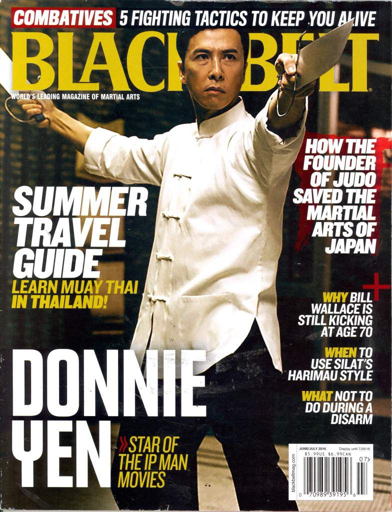 Martial artist in traditional attire poses with a sword on a magazine cover. Headlines include self-defense tips and travel guides. Bold text.