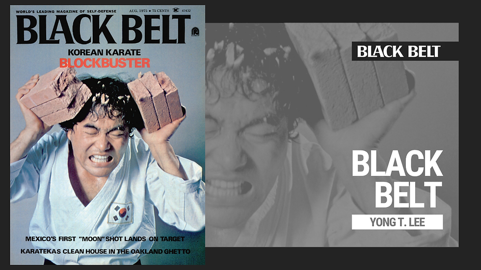 Martial artist in a white gi smashes bricks with hands, fierce expression. "BLACK BELT" magazine cover with text "KOREAN KARATE BLOCKBUSTER."