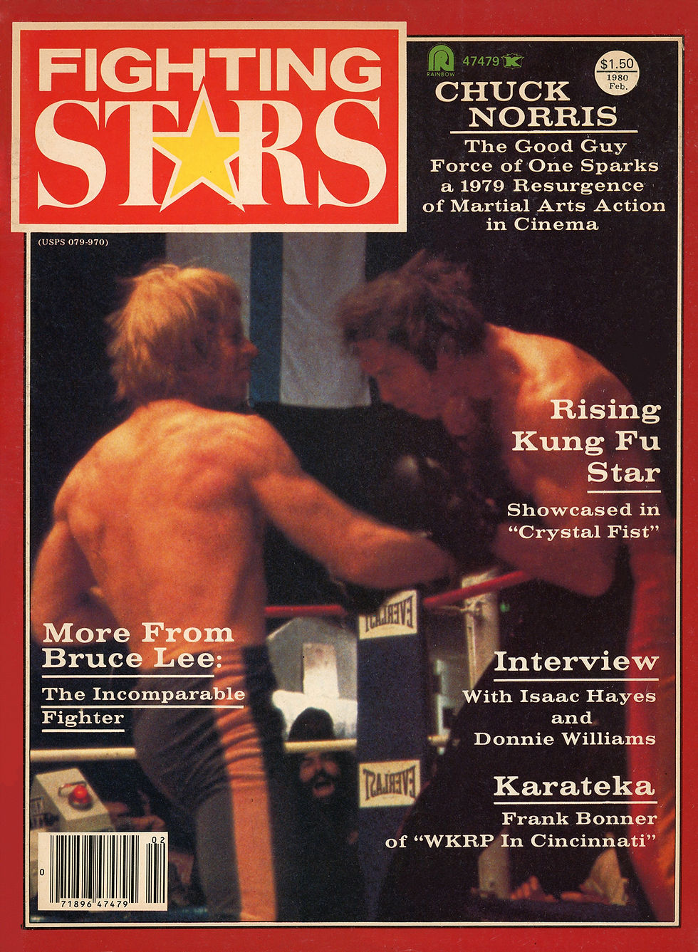 Two martial artists in a ring, magazine cover text highlights articles on Bruce Lee, Kung Fu, and interviews. Bold red and yellow colors.