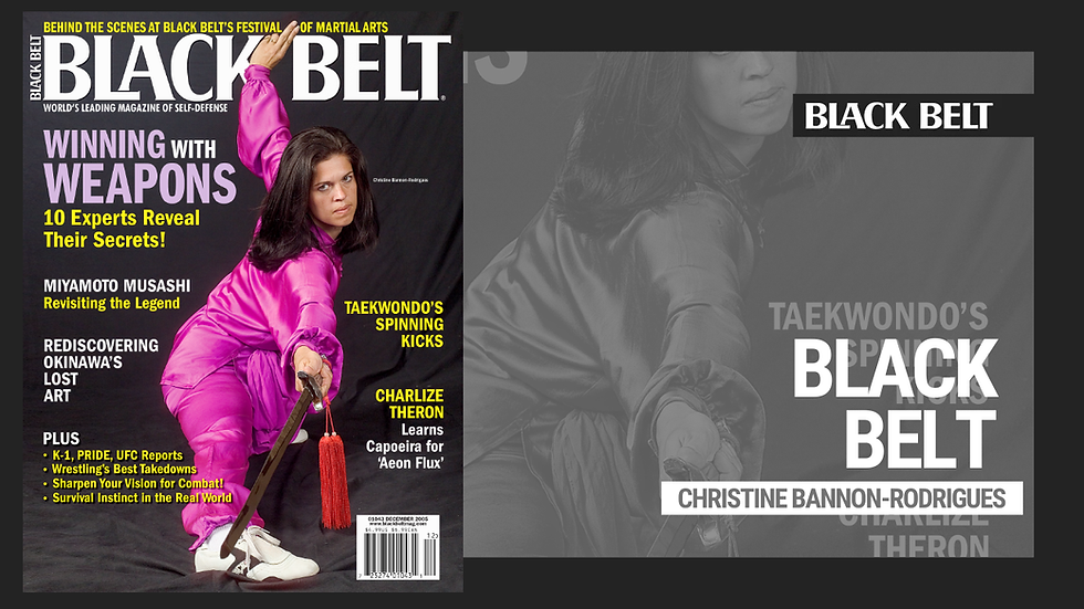 Woman in a pink martial arts uniform holding a sword on the cover of Black Belt magazine. Various article headlines in bold colors.