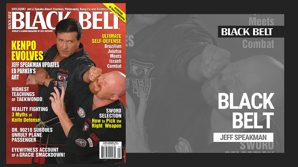 Magazine cover with two men practicing martial arts. Main title reads "BLACK BELT." Bold text highlights "KENPO EVOLVES" and "SWORD SELECTION."