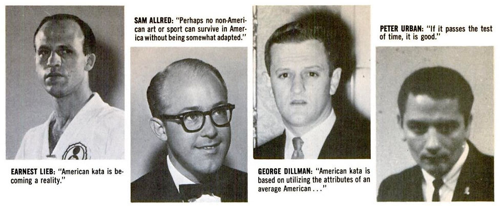 Four men in black-and-white photos with quotes about American kata, expressing different views. Formal attire, serious expressions.