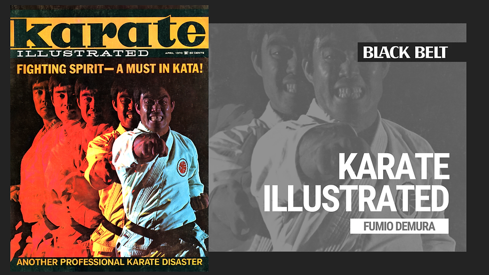 Magazine cover of "Karate Illustrated" with a man in a white gi punching. Text reads "Fighting Spirit—A Must in Kata!" on an orange and black background.