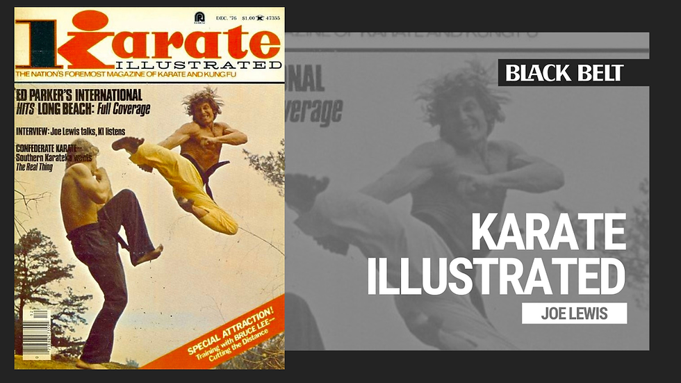 Magazine cover of "Karate Illustrated" shows two martial artists in mid-air kick. Bold, red and black text features headlines and highlights.