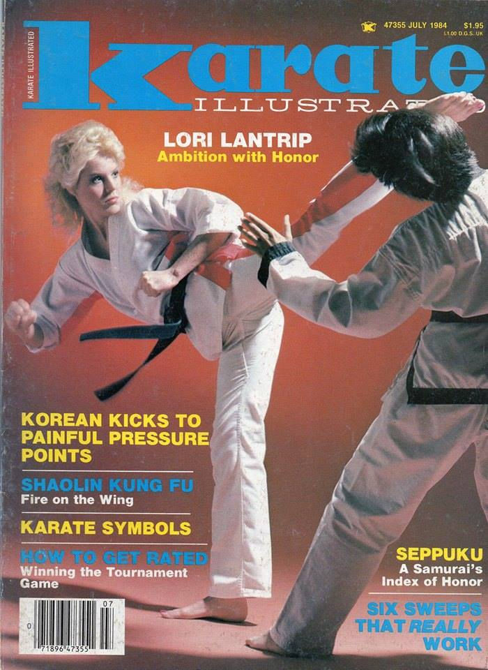 Magazine cover titled "Karate Illustrated," featuring two people sparring in karate uniforms. Text includes "Lori Lantrip Ambition with Honor."