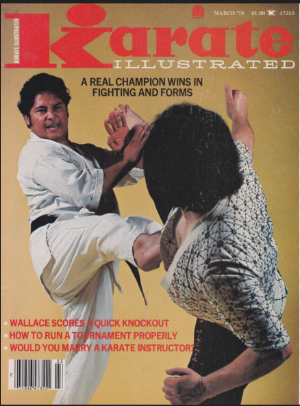 Man in karate gi breaking bricks, shouting with determination. "BLACK BELT" magazine cover. Korean flag patch. Powerful action moment.