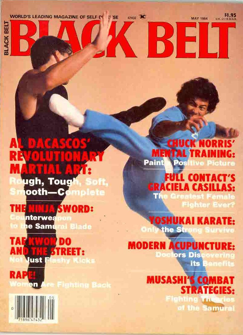 Black Belt magazine cover, May 1984, with two martial artists mid-kick on a beige background and bold red headlines.