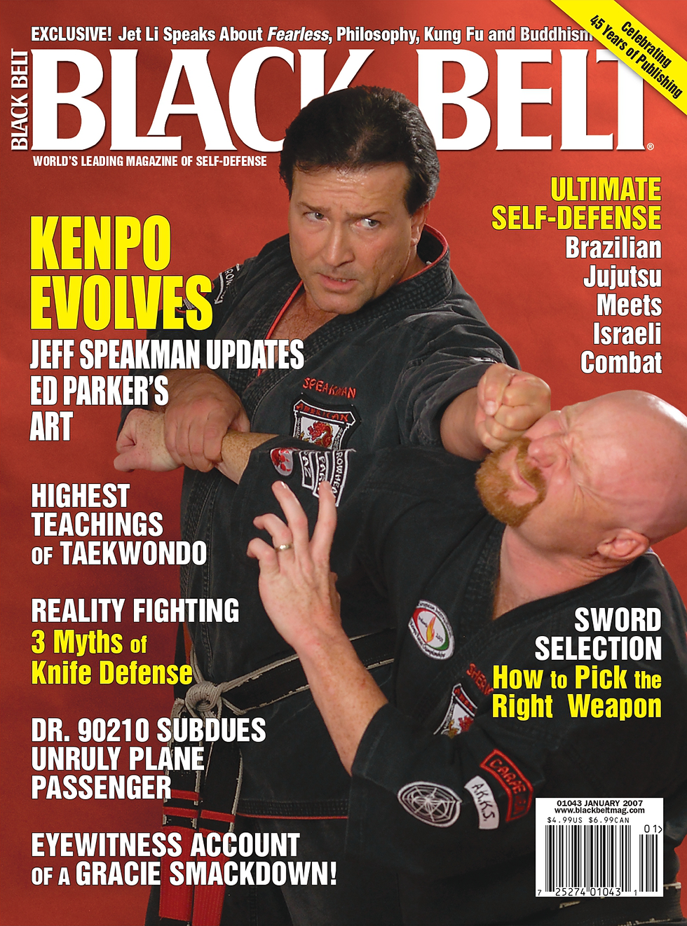 Two martial artists practice self-defense techniques on a red background. Main headline reads "Kenpo Evolves". Various related articles listed.