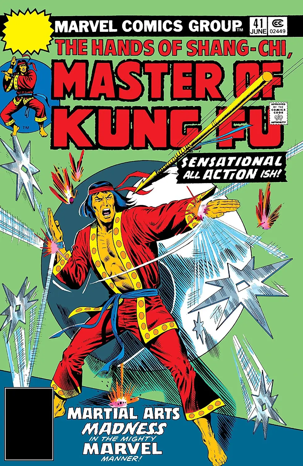 Comic cover: Shang-Chi in a red martial arts outfit, dodging weapons. Bold red text: "Master of Kung Fu." Energetic and dynamic scene.