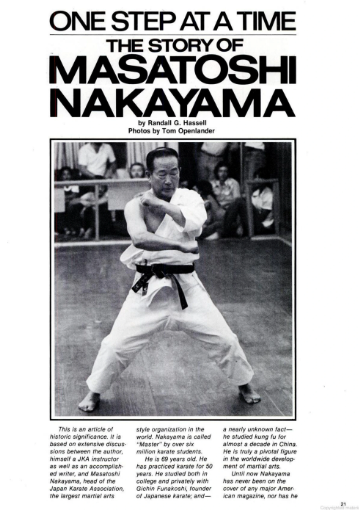 Black-and-white book cover shows karate master in stance; title reads One Step at a Time: The Story of Masatoshi Nakayama.