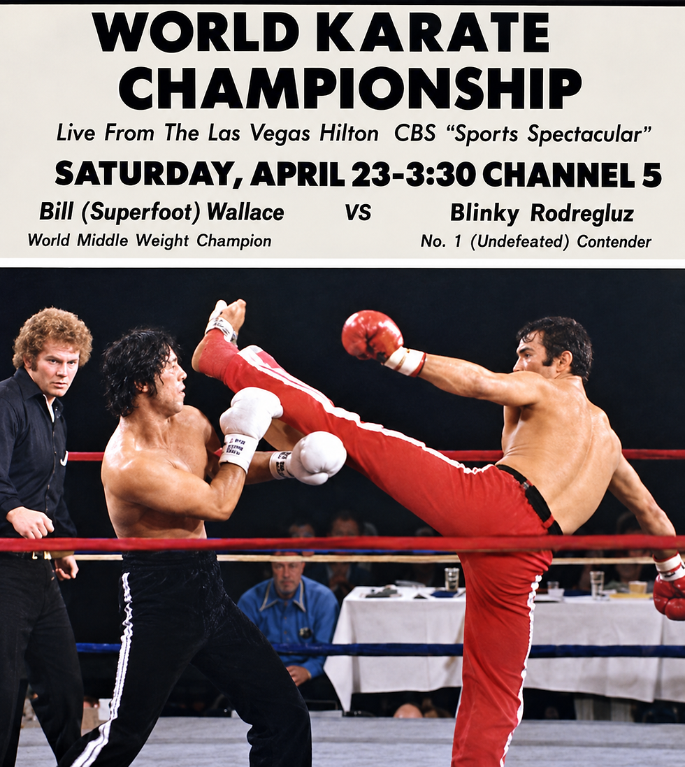 Poster for World Karate Championship shows two fighters trading kicks in a ring, with match details and date in bold text.