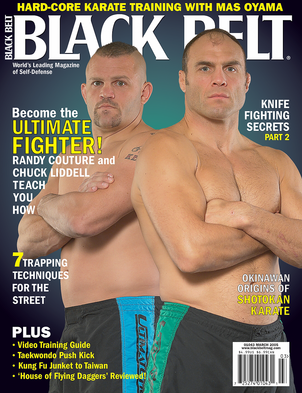 Black Belt magazine cover with shirtless Randy Couture and Chuck Liddell posing arms crossed, featuring karate and knife fighting headlines.