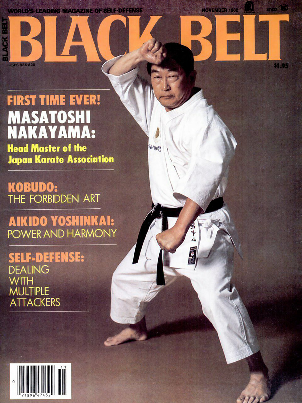 Black Belt magazine cover featuring karate master Masatoshi Nakayama in a white gi, striking a guarded stance; November 1982 text.