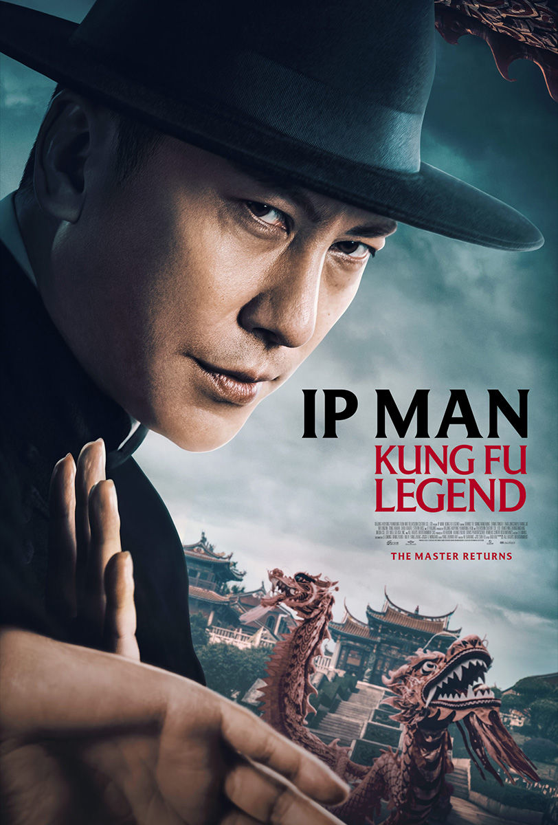 Close-up of Ip Man in black hat and robe before a temple, with dragon dancers below; poster text reads IP MAN KUNG FU LEGEND.