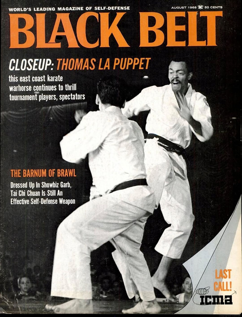 Black Belt magazine cover, August 1968, shows two karate fighters sparring in white gis with bold orange title and cover lines.