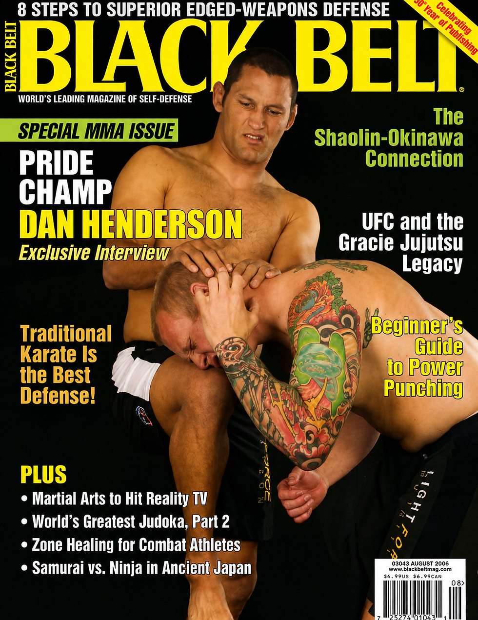 Black Belt magazine cover on black background, showing two MMA fighters grappling with bold yellow headlines and Dan Henderson.