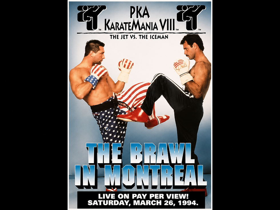 Vintage martial arts poster of two boxers facing off, one in star-spangled pants, with title text PKA Karatemania VIII and The Brawl in Montreal.