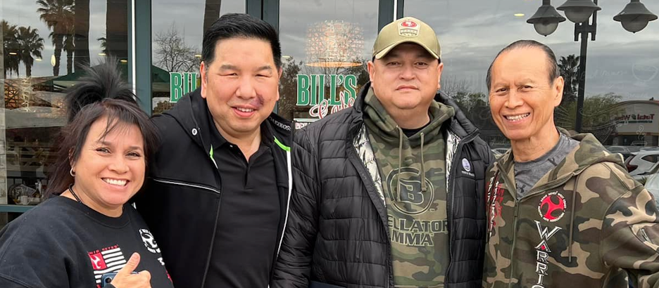 Right to left original martial arts classmates of Ernie Reyes Sr: Margie Reyes, George Chung, Scott Coker, Ernie Reyes Sr, West Coast World Martial Arts 